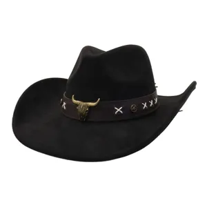 Black suede cowboy hat with brown bull skull leather band, vintage western festival jazz cap