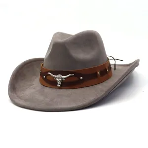 Grey suede western cowboy hat detail view, stylish wide brim fedora for men and women.