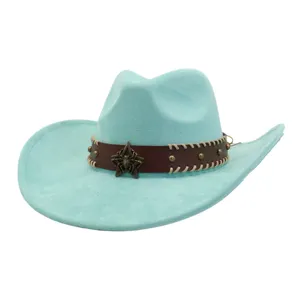 Sombrero de vaquero occidental azul claro, sombrero de fieltro de ante retro con banda.