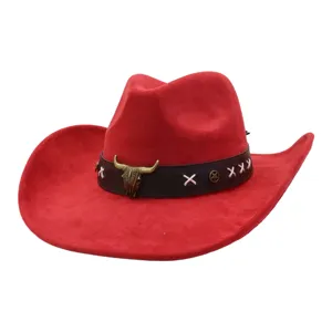 Red suede cowboy hat with brown leather band bull skull decor wide brim western cap