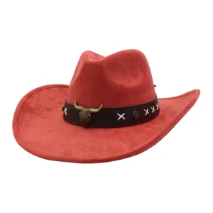 Unisex Western Cowboy Hat Vintage Faux Suede Jazz Fedora Cap With Metal Bull Head And Leather Strap Outdoor Sun Protection