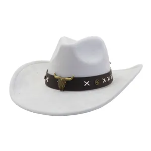 Close-up detail of the vintage suede cowboy hat featuring a bronze bull skull metal decor.