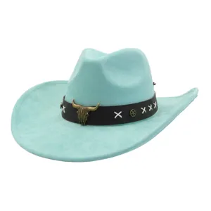 Light blue suede cowboy hat with brown leather band and metal bull skull decor western style