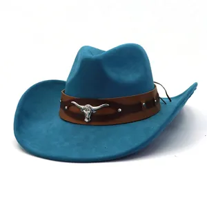 Blue suede western cowboy hat with leather band and metal bull skull decoration wide brim.