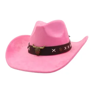 Pink suede cowboy hat detail with vintage bull skull ornament, western style jazz hat.