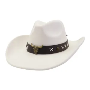 White suede cowboy hat with brown leather band, retro bull skull emblem and chic star studs for men and women.