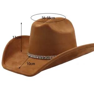 Cappello cowboy western in camoscio marrone con fascia strass tesa larga fedora per uomo e donna