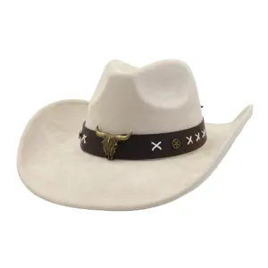 Men Women Suede Cowboy Hat Western Bull Skull Jazz Hat Wide Brim Fashion Cap Beige