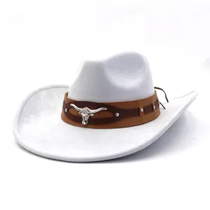 Detailed shot of grey western cowboy hat, brown leather band, silver longhorn bull skull decoration.