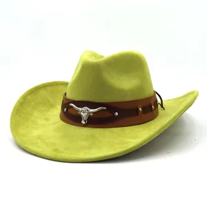 Green suede western cowboy hat with brown leather band and silver bull skull accent.