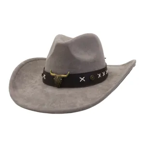 Classic suede cowboy hat with bull skull decor and wide brim, vintage western jazz hat.