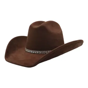 Elegante cappello da cowboy western in camoscio con fascia di strass, tesa larga 10 cm unisex.