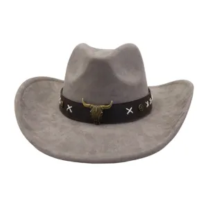 Gray suede cowboy hat with metal bull skull decor, retro western jazz hat for men and women