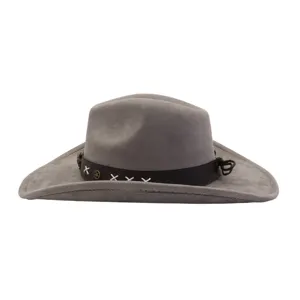 Grey suede cowboy hat featuring brown leather band, white stitching and vintage star accent.