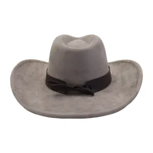 Grey suede cowboy hat detail, fashion men women western jazz cap with brown leather band.