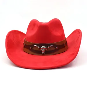 Red western cowboy hat with faux suede fabric, brown leather band and silver bull skull decor.