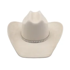 Elegante cappello da cowboy western in finta pelle scamosciata con fascia di strass, tesa larga.