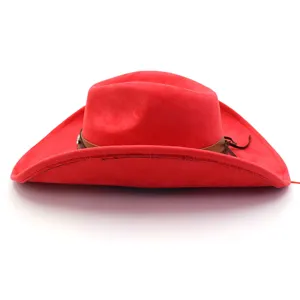 Close-up detail of red suede cowboy hat featuring wide brim and brown leather band texture.