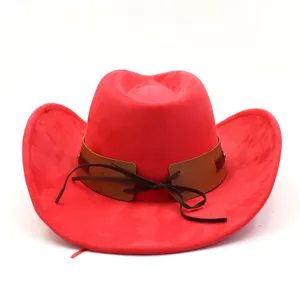 Detailed view of the red suede western cowboy hat featuring a stylish brown leather band.