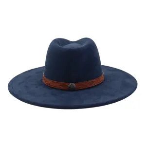 Dark blue suede fedora hat detail, showcasing ethnic embossed brown leather band and metal buckle.