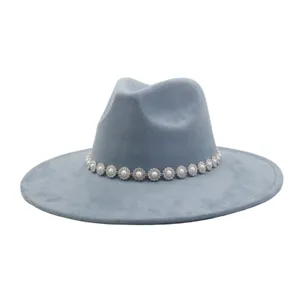 Suede fedora hat for women men wide brim retro fashion hat with pearl rhinestone chain decor