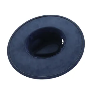 Navy blue suede fedora hat wide brim jazz cap winter autumn fashion headwear detail view