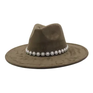 Brown suede fedora hat with pearl rhinestone daisy chain band, stylish wide brim jazz hat.