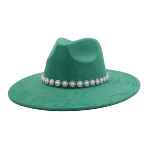 Green suede fedora hat detail featuring sparkling pearl and crystal flower chain band decoration.