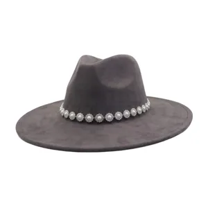 Grey wide-brim suede fedora hat detail featuring elegant pearl rhinestone flower band.