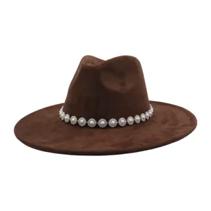 Brown suede fedora hat with pearl rhinestone chain band, wide brim gentleman hat for unisex.