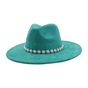 Turquoise suede fedora hat with elegant pearl crystal flower band for stylish casual wear.