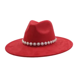 Red faux suede fedora hat featuring elegant pearl and rhinestone flower band for daily wear.