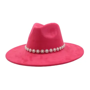Hot pink suede fedora hat for women and men, featuring an elegant pearl rhinestone flower band.