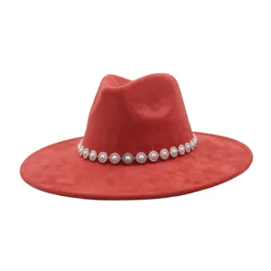 Red suede fedora hat with pearl flower chain, wide brim fashion gentleman hat for women men