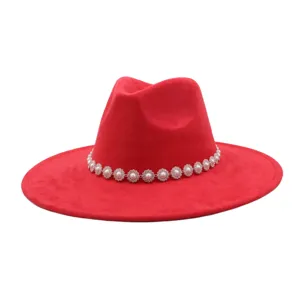 Red suede fedora hat for women and men, elegant pearl crystal flower band wide brim hat.
