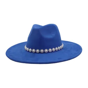 Blue felt fedora hat detail, wide brim fashion cap with pearl rhinestone flower band.