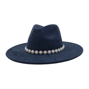 Detailed view of navy blue suede fedora hat featuring elegant pearl and rhinestone hat band.