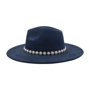 Navy blue suede wide brim fedora hat with elegant pearl rhinestone flower band for couples