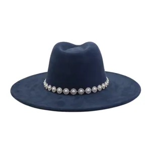 Navy blue suede wide brim fedora hat with elegant pearl rhinestone chain decoration.