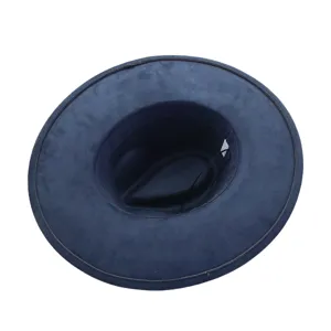 Faux suede fedora hat wide brim flat gentleman hat detail view showcasing premium navy blue texture
