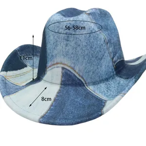 Western denim cowboy hat for women wide brim sun protection jazz fedora hat 56-58cm