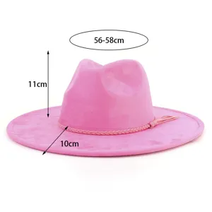 Pink suede fedora hat with wide brim, stylish flat brim gentleman hat for women and men.
