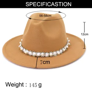 Woolen jazz hat detail image showing size 56-58cm, 12cm height, 7cm brim, weight 145g.