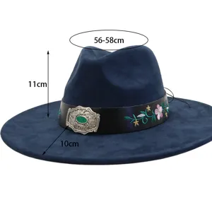 Wide brim navy blue jazz hat with embroidered floral leather band and vintage buckle.