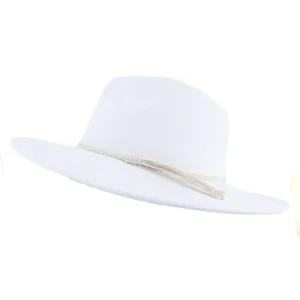 Detailed view of white suede fedora hat with braided tassel band, stylish wide flat brim design.