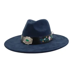 Detailed view of dark blue suede jazz hat featuring vintage floral embroidery and large silver buckle.