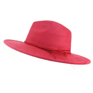 Red suede fedora hat with wide brim and tassel band detail view for stylish outfit