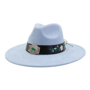 Light blue felt fedora hat with embroidered black band, vintage buckle for women men