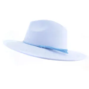 Light blue suede fedora hat for men and women, wide brim flat gentleman hat with braided tassel.
