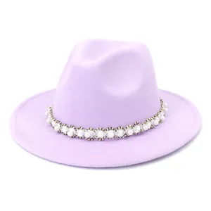 Lavender felt fedora hat with elegant pearl braided band detail for autumn winter style.